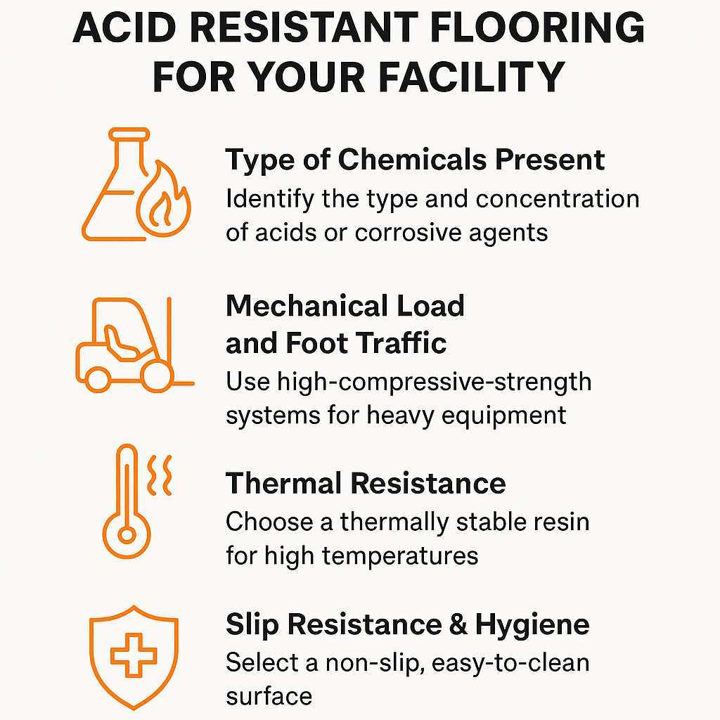 Infographic showing how to choose acid resistant flooring based on chemical type, mechanical load, temperature resistance, and hygiene