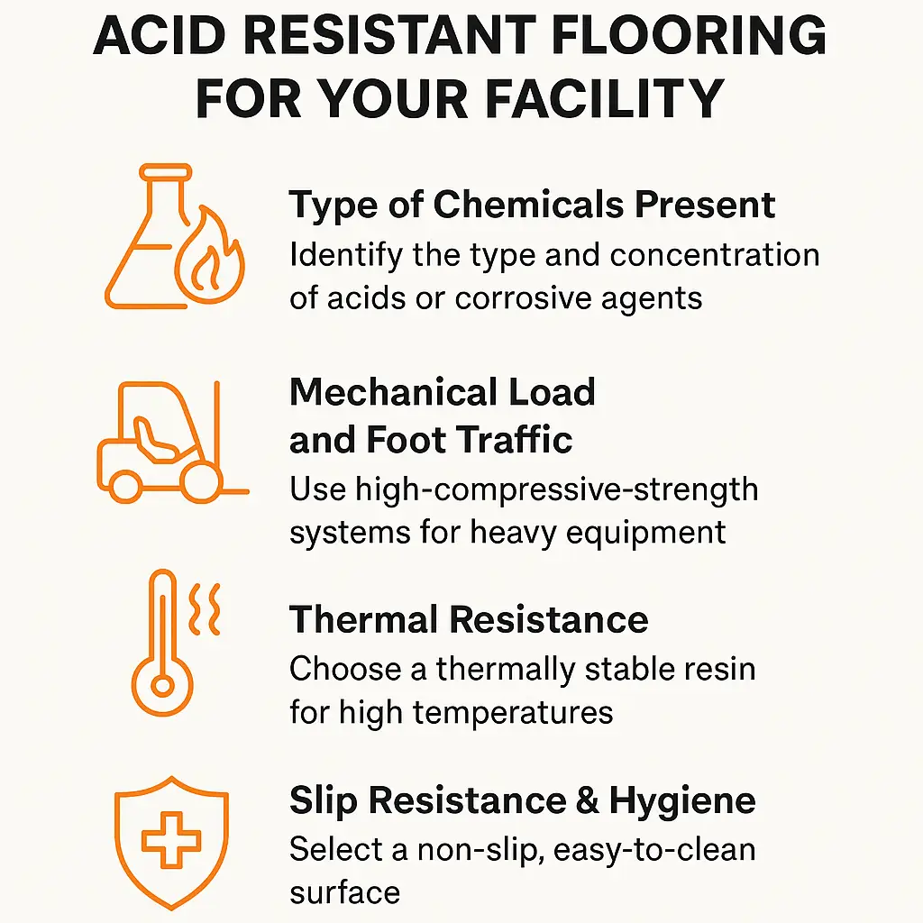Infographic showing how to choose acid resistant flooring based on chemical type, mechanical load, temperature resistance, and hygiene